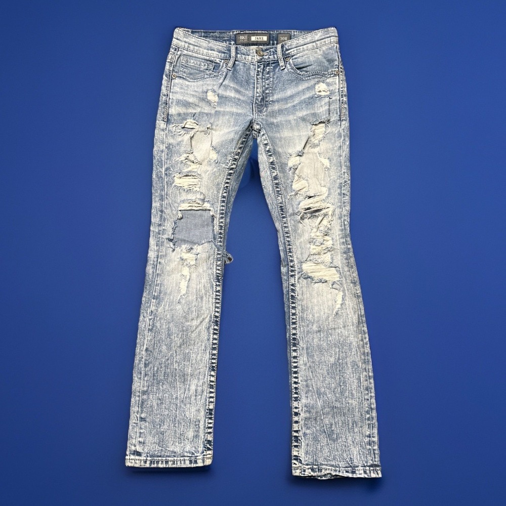 BKE Jeans Men's 30R Blue Jake Straight Leg Denim Heavily Distressed